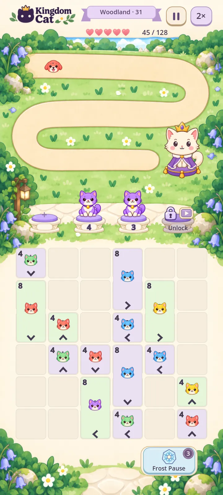 Plan your moves: free kitties whose arrow path is clear.